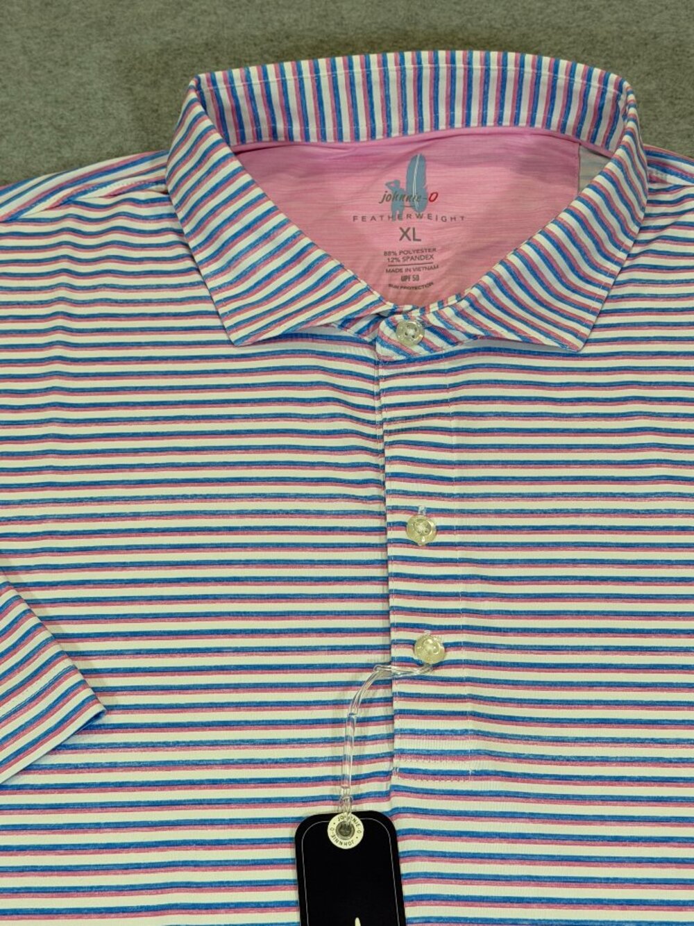 Johnnie-O Mens Warwick Featherweight Striped Performance Polo XL Porto Pink NWT